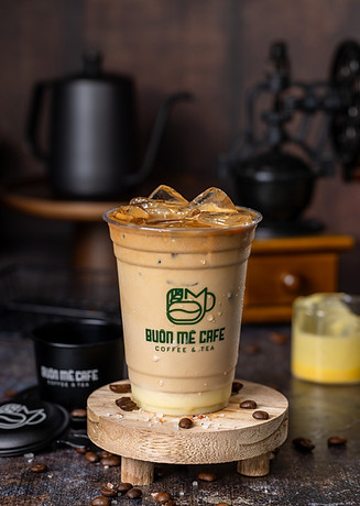 Iced coffee with chocolate drizzle at Buon Me Cafe